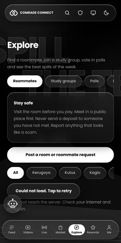 Comrade Connect Explore tab with roommates, study groups, notices and events