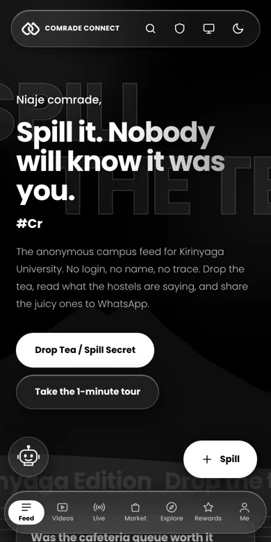 Comrade Connect home screen: the anonymous campus feed for Kirinyaga University