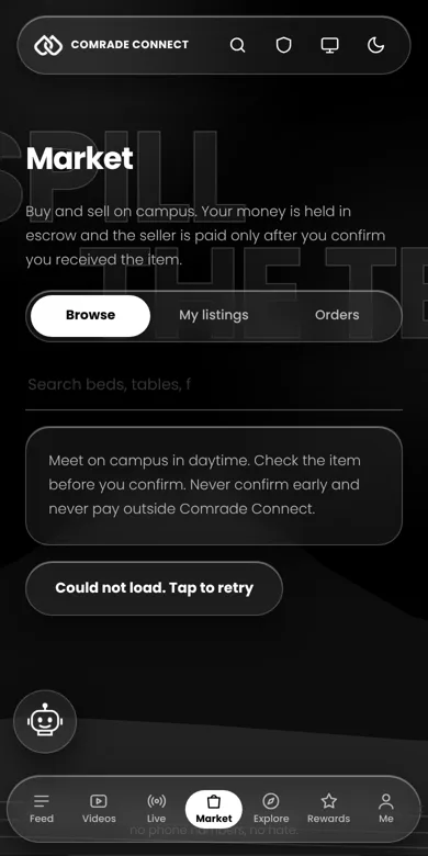 Comrade Connect Market tab where comrades buy and sell items with escrow